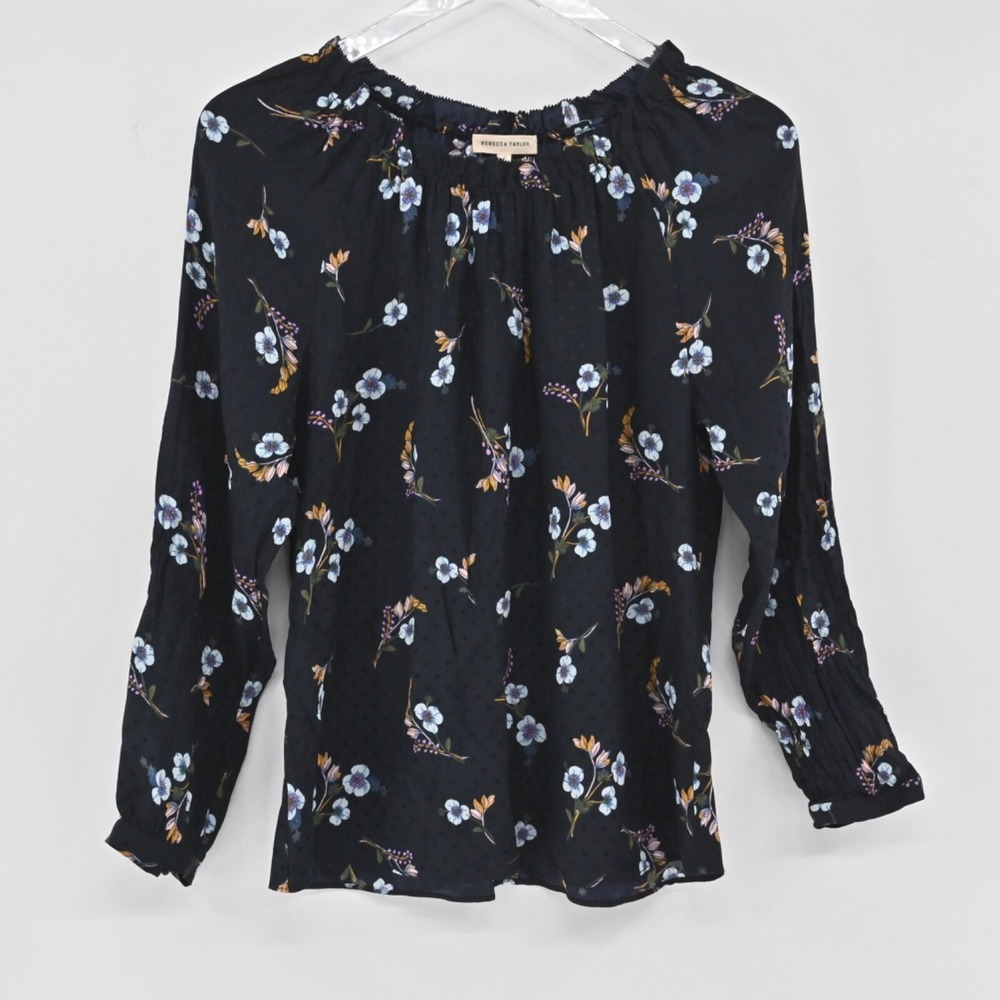 Rebecca Taylor Floral Clip Dot Blouse Womens Size 2 Navy Blue Silk Cottagecore